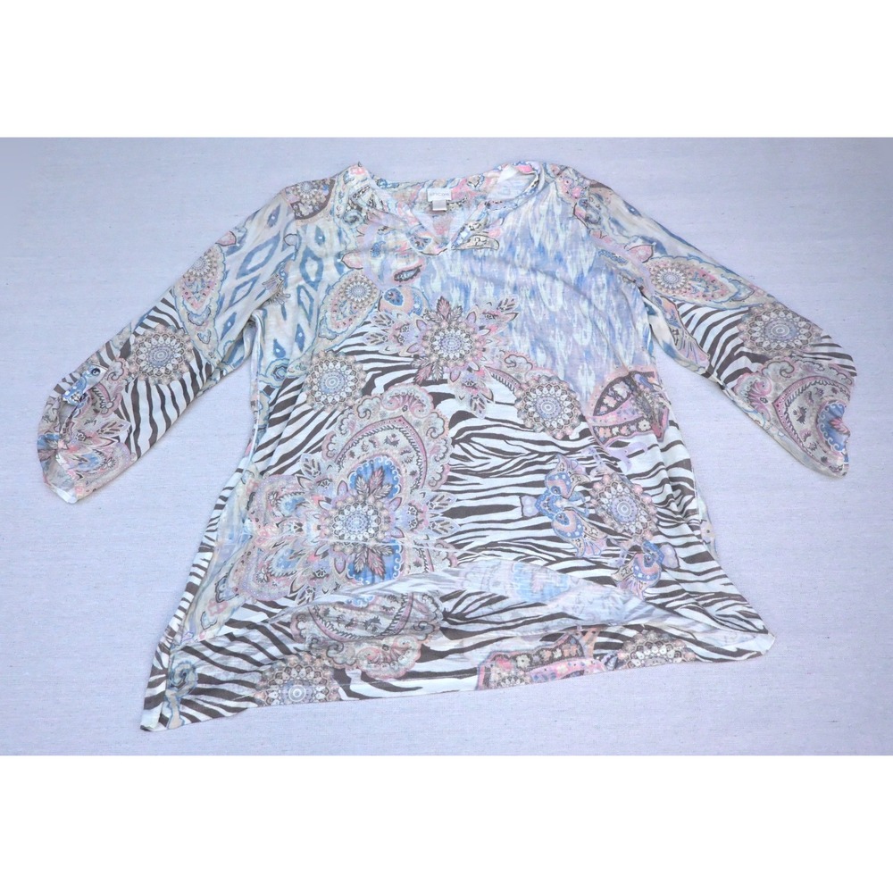 Chicos Womens 2 L Pastel Patchwork Paisley Knit Top Split Neck Button Tab Sleeve